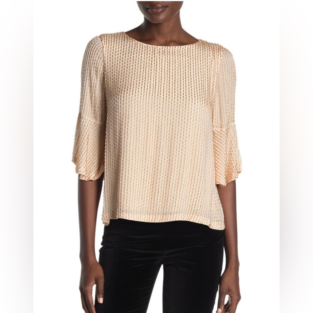 ALICE+OLIVIA "BERNICE" BEADED RUFFLE SLEEVE BLOUSE IN CHAMPAGNE